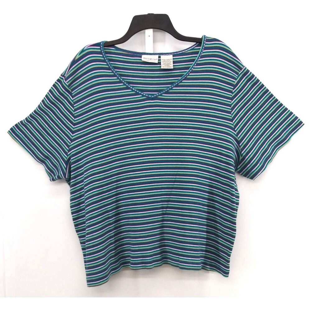 White Stag Shirt Womens Size 22W/24W Green Pink Striped V-Neck Knit Top